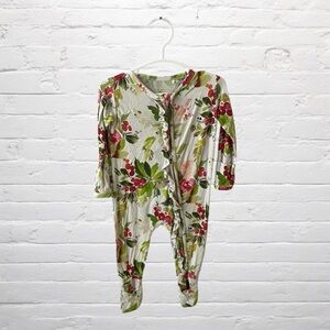 Little Snuggles // Floral Baby Bamboo Footie with Red and Green Print